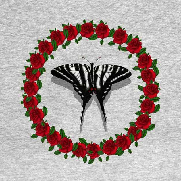 Zebra Swallowtail Butterfly in Red Rose Wreath by ArtAndBliss